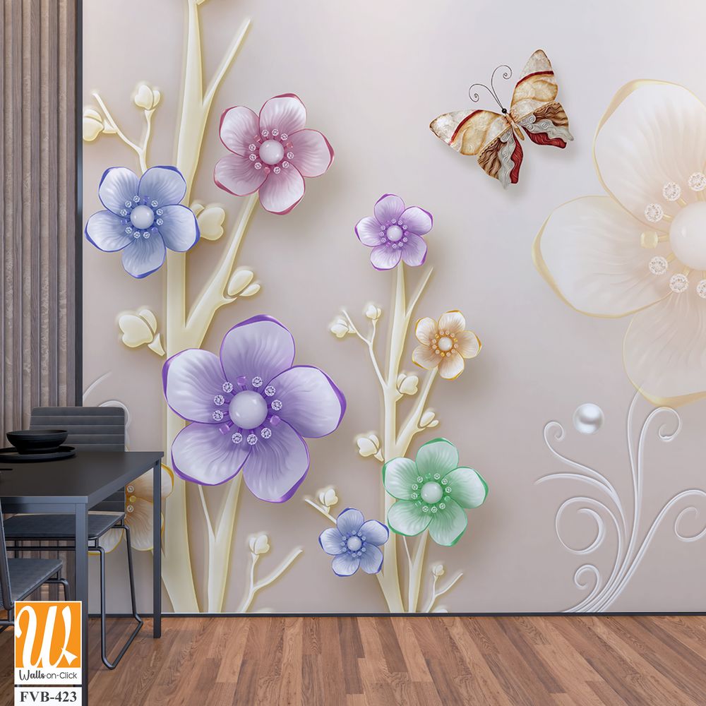 3D floral bouquet with butterflies and pearls Wallpaper [WP-FVB-423]