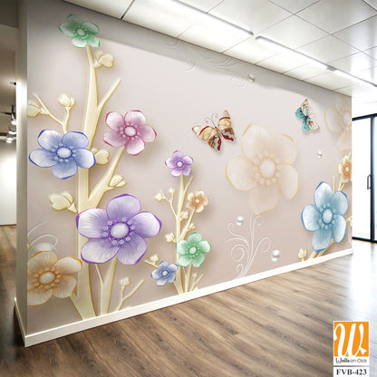 3D floral bouquet with butterflies and pearls Wallpaper [WP-FVB-423]