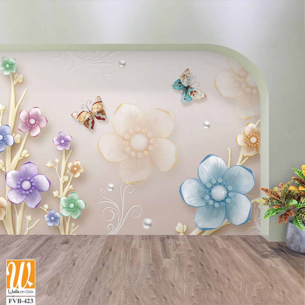 3D floral bouquet with butterflies and pearls Wallpaper [WP-FVB-423]