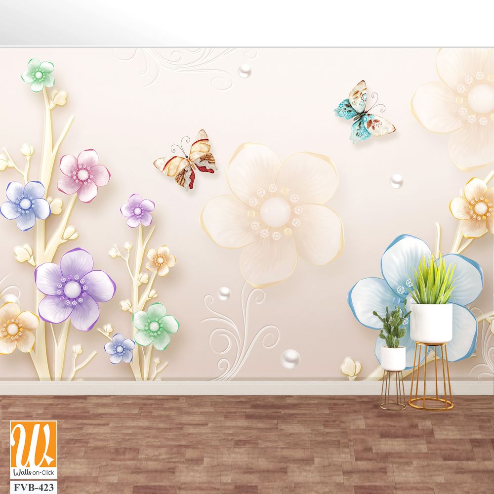 3D floral bouquet with butterflies and pearls Wallpaper [WP-FVB-423]