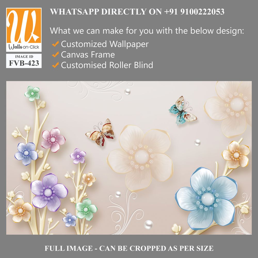 3D floral bouquet with butterflies and pearls Wallpaper [WP-FVB-423]