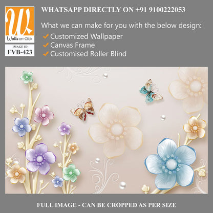 3D floral bouquet with butterflies and pearls Wallpaper [WP-FVB-423]