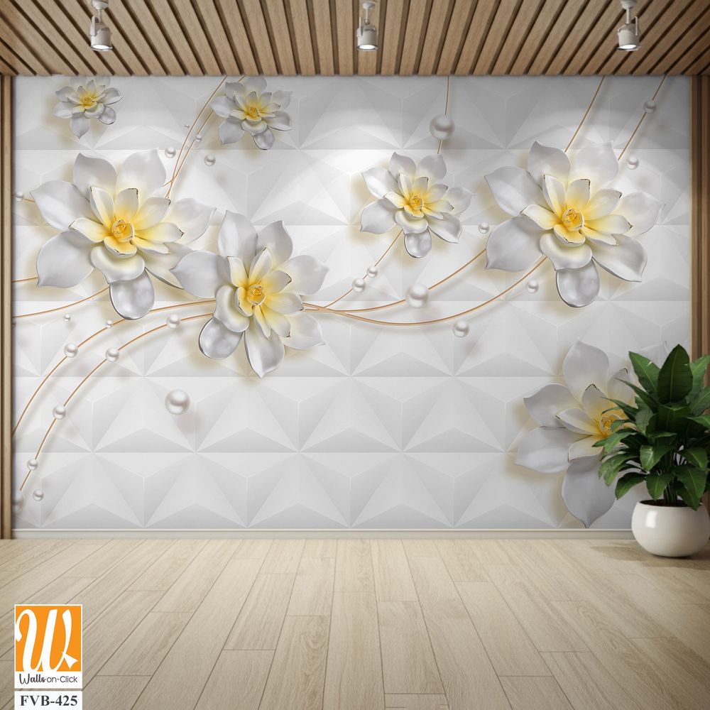 3D wallpaper featuring white flowers with pearls [WP-FVB-425]