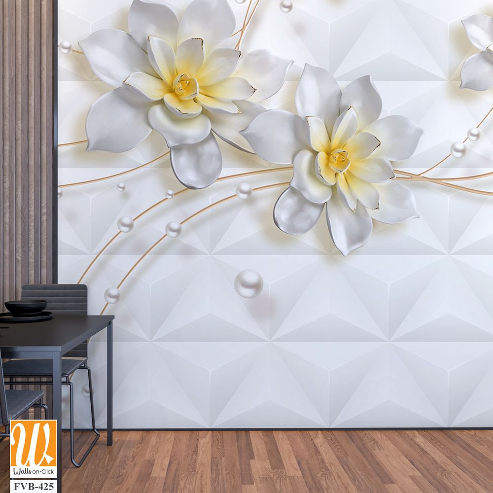 3D wallpaper featuring white flowers with pearls [WP-FVB-425]