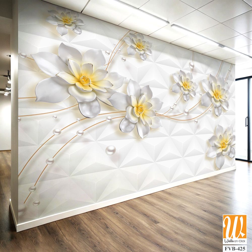 3D wallpaper featuring white flowers with pearls [WP-FVB-425]