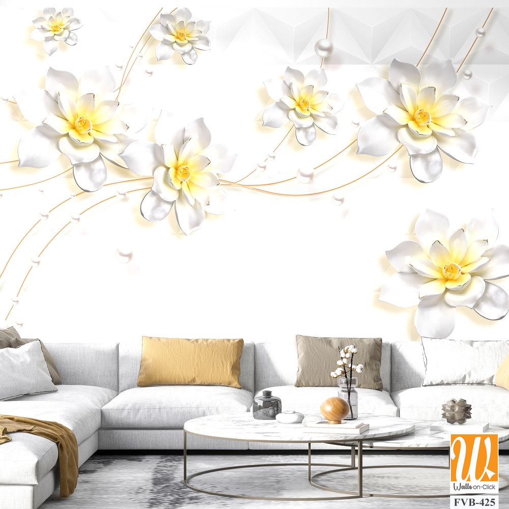 3D wallpaper featuring white flowers with pearls [WP-FVB-425]