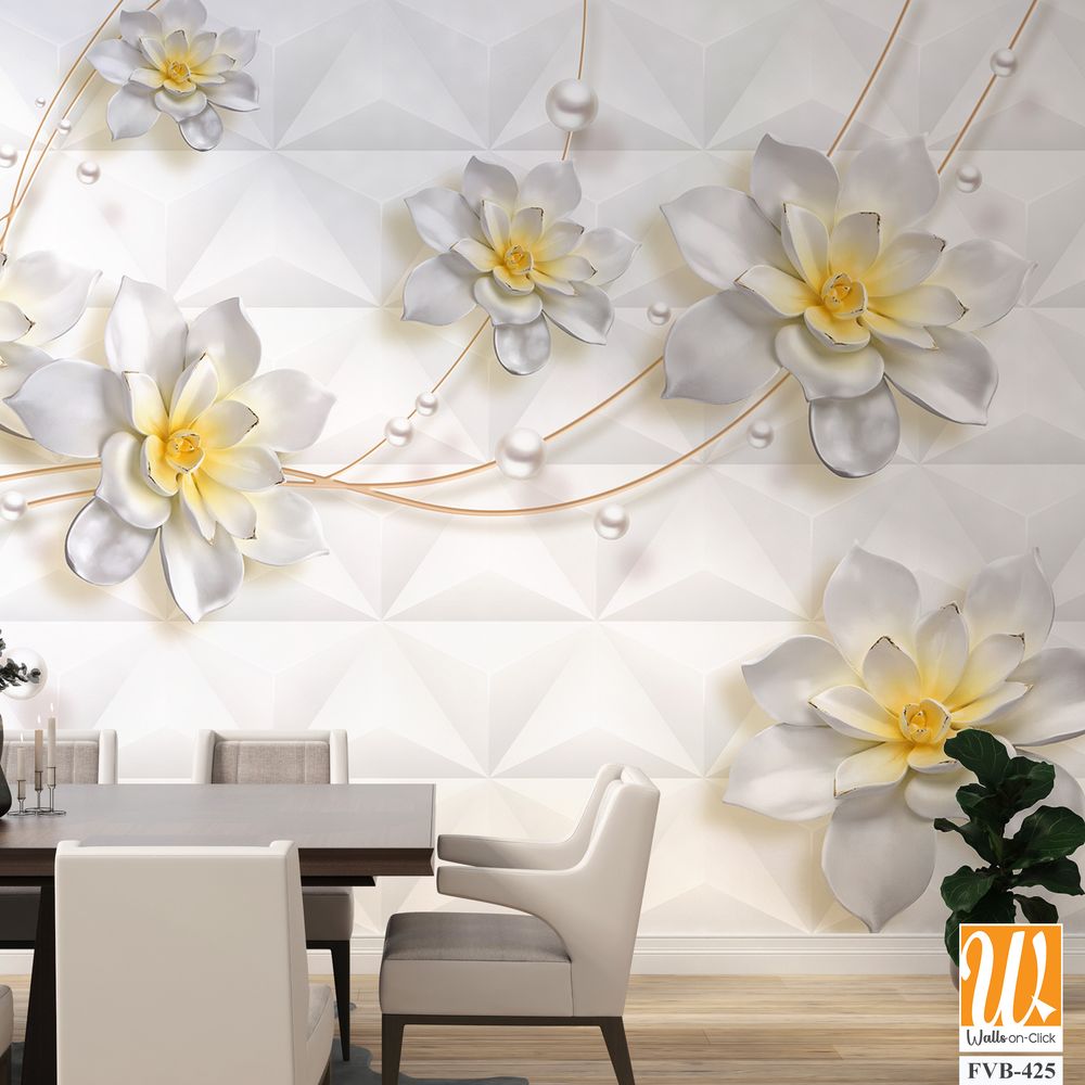 3D wallpaper featuring white flowers with pearls [WP-FVB-425]