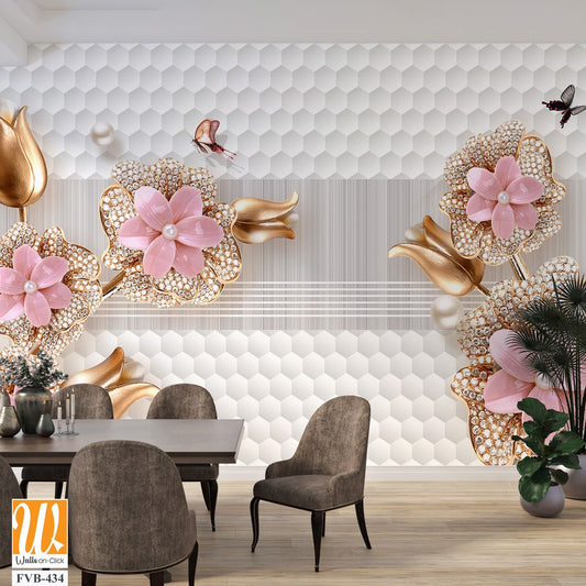 3D wallpaper with pink flowers and gold leaves [WP-FVB-434]