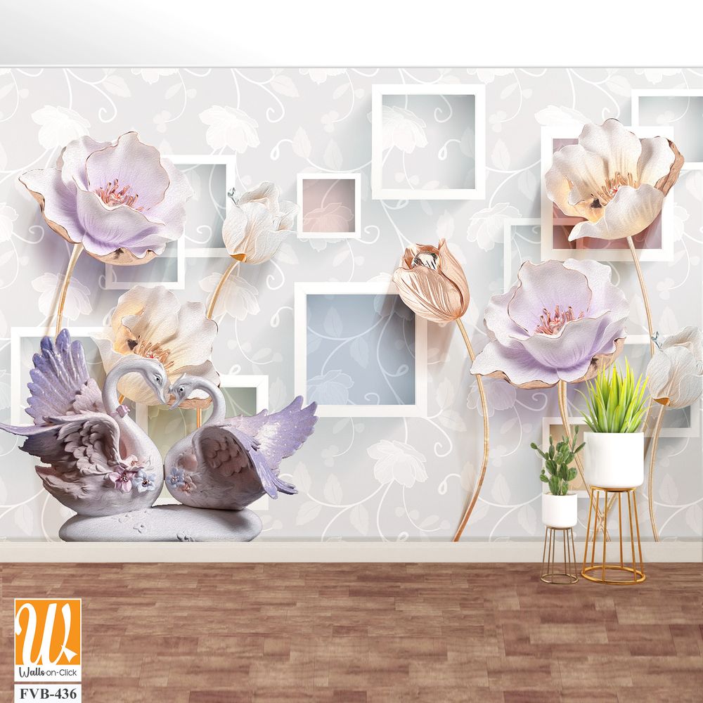 3D wallpaper with square frames and flying purple tulips [WP-FVB-436]