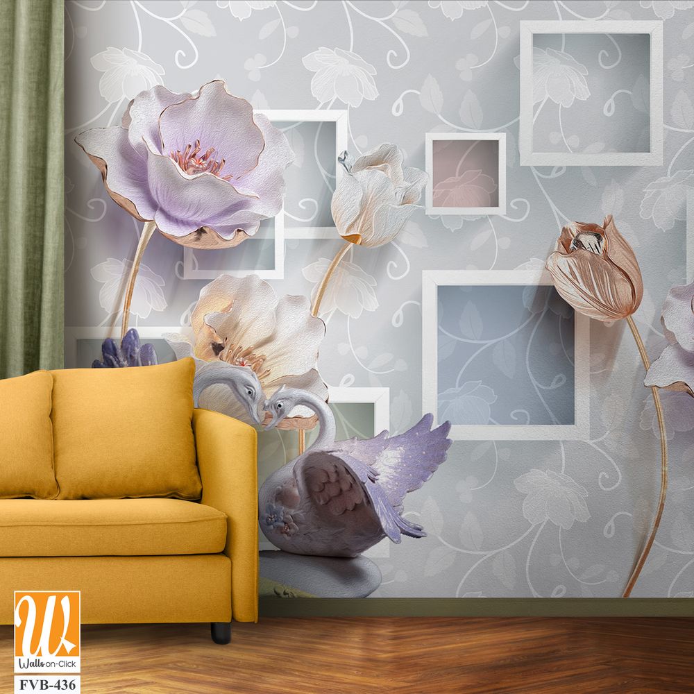 3D wallpaper with square frames and flying purple tulips [WP-FVB-436]