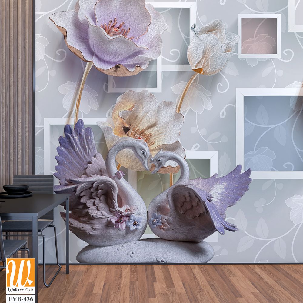 3D wallpaper with square frames and flying purple tulips [WP-FVB-436]