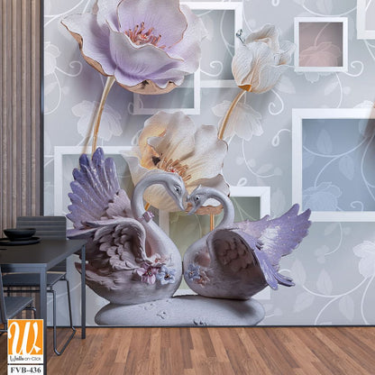 3D wallpaper with square frames and flying purple tulips [WP-FVB-436]