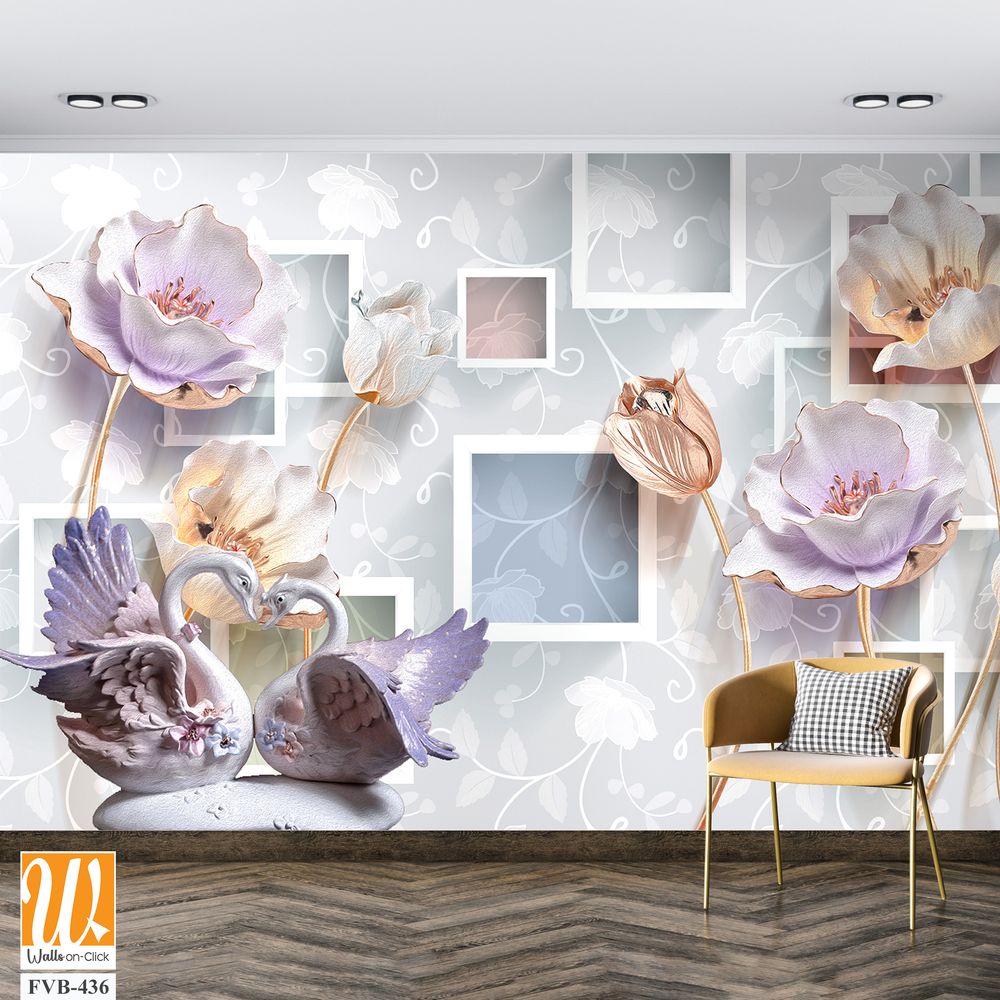 3D wallpaper with square frames and flying purple tulips [WP-FVB-436]