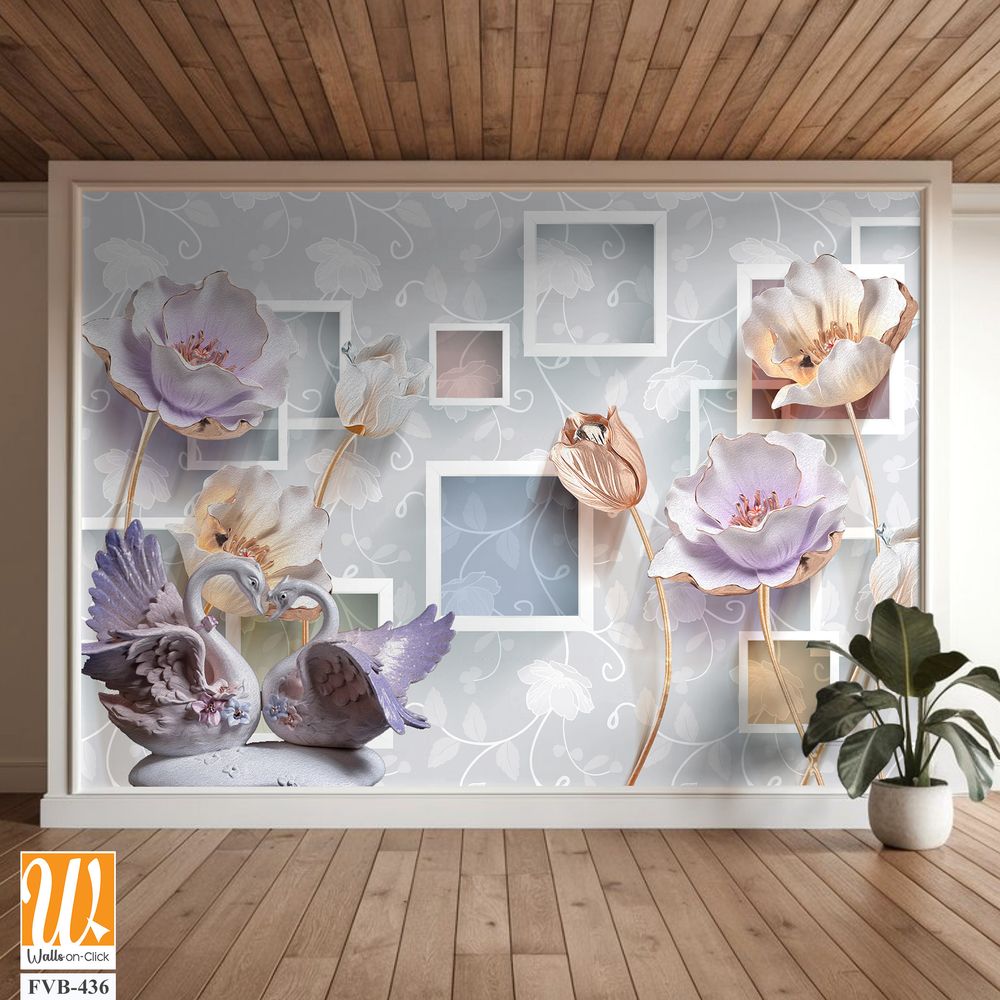 3D wallpaper with square frames and flying purple tulips [WP-FVB-436]