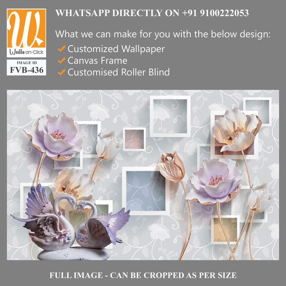 3D wallpaper with square frames and flying purple tulips [WP-FVB-436]