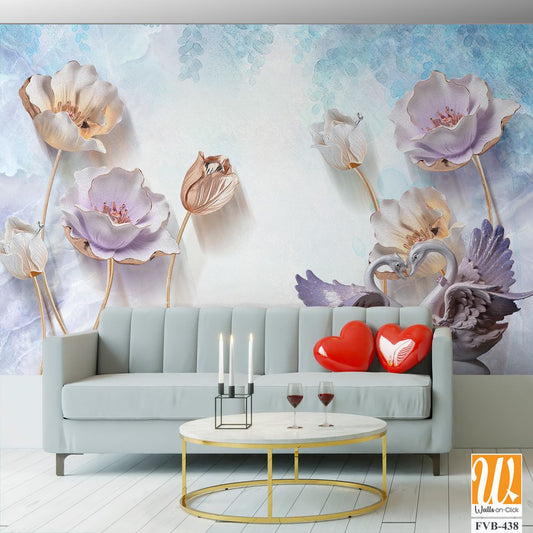 3D elegant flowers with swans Wallpaper [WP-FVB-438]