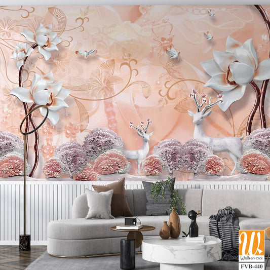 3D wallpaper featuring a white deer and flowers [WP-FVB-440]