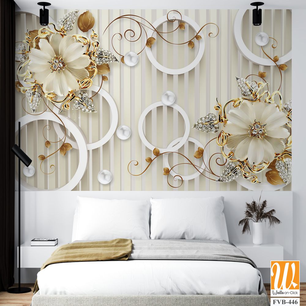 3D wall mural floral pattern with pearls Wallpaper [WP-FVB-446]