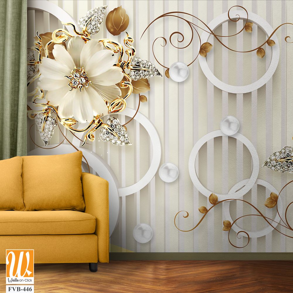 3D wall mural floral pattern with pearls Wallpaper [WP-FVB-446]