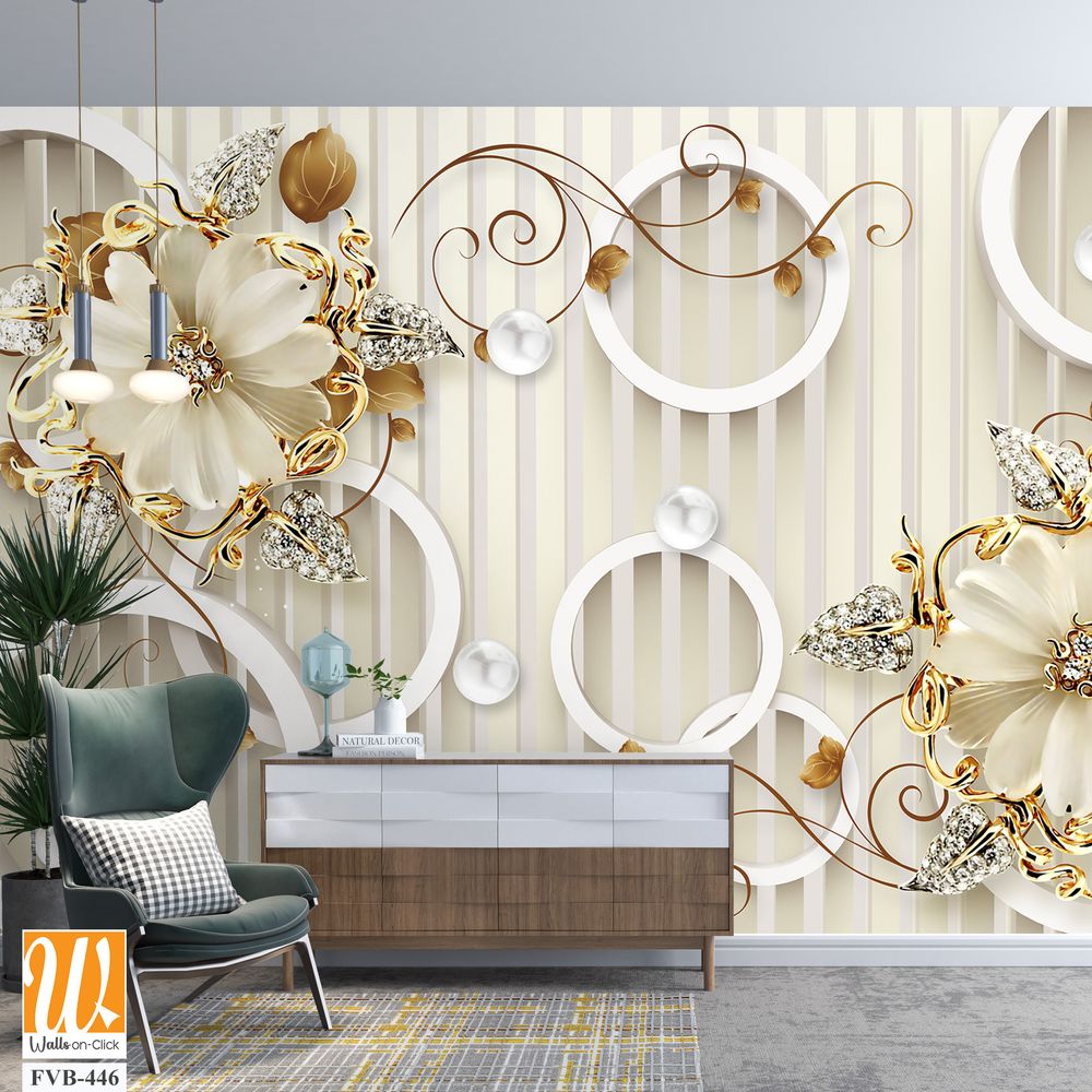 3D wall mural floral pattern with pearls Wallpaper [WP-FVB-446]