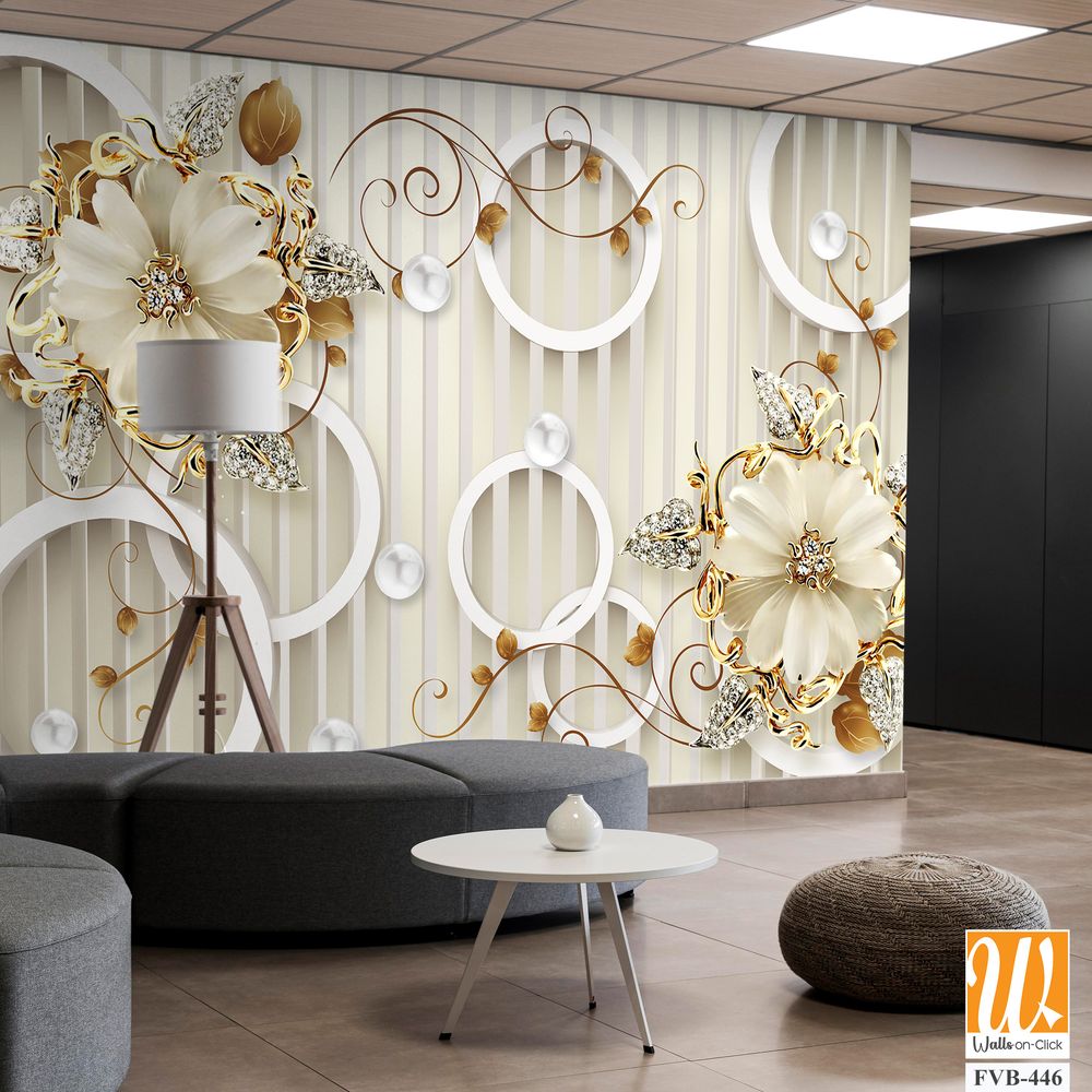 3D wall mural floral pattern with pearls Wallpaper [WP-FVB-446]