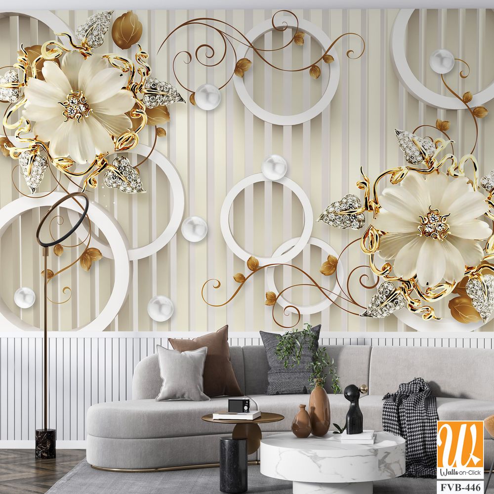 3D wall mural floral pattern with pearls Wallpaper [WP-FVB-446]