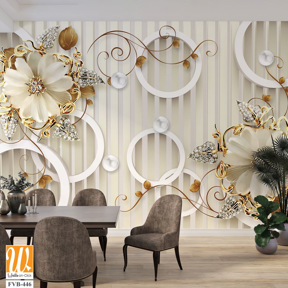 3D wall mural floral pattern with pearls Wallpaper [WP-FVB-446]