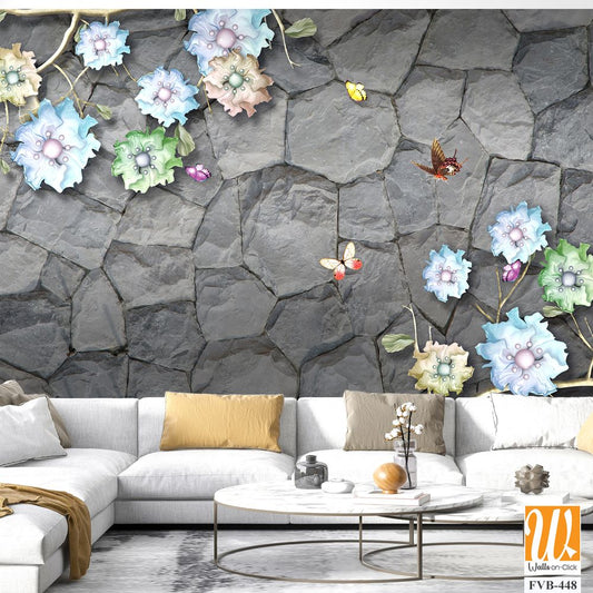 3D mural on a gray stone wall with colorful flowers Wallpaper [WP-FVB-448]