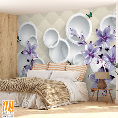 Purple flowers with butterflies on a quilted background Wallpaper [WP-FVB-457]