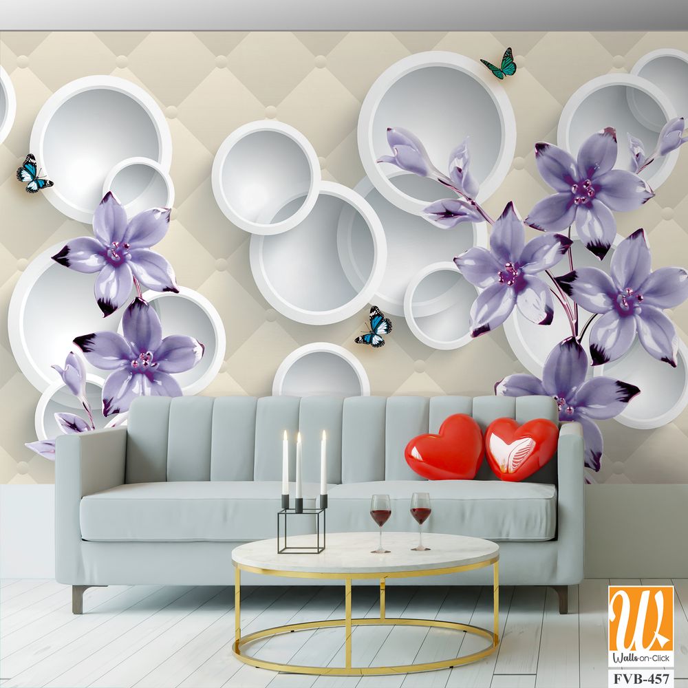 Purple flowers with butterflies on a quilted background Wallpaper [WP-FVB-457]