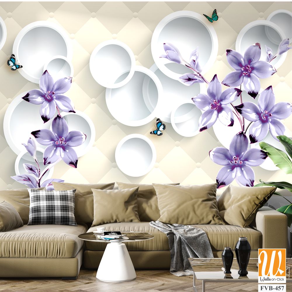 Purple flowers with butterflies on a quilted background Wallpaper [WP-FVB-457]