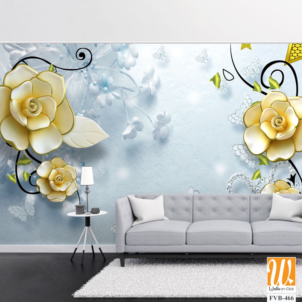 3D yellow roses and butterflies Wallpaper [WP-FVB-466]