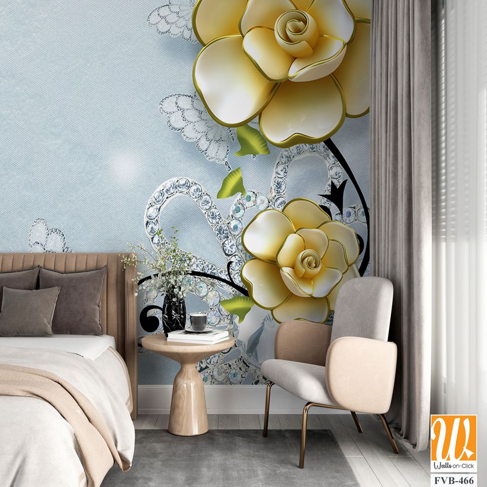 3D yellow roses and butterflies Wallpaper [WP-FVB-466]