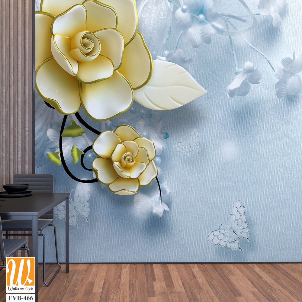 3D yellow roses and butterflies Wallpaper [WP-FVB-466]