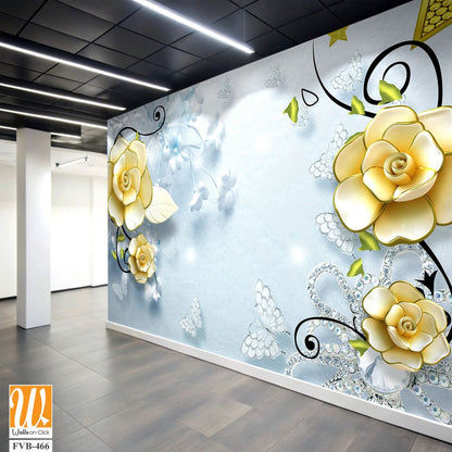 3D yellow roses and butterflies Wallpaper [WP-FVB-466]