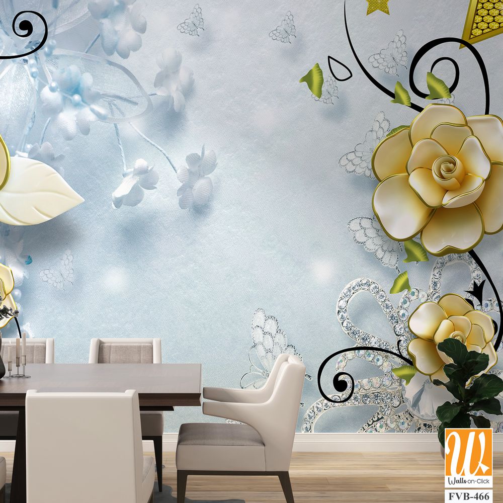 3D yellow roses and butterflies Wallpaper [WP-FVB-466]