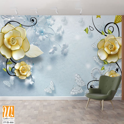 3D yellow roses and butterflies Wallpaper [WP-FVB-466]