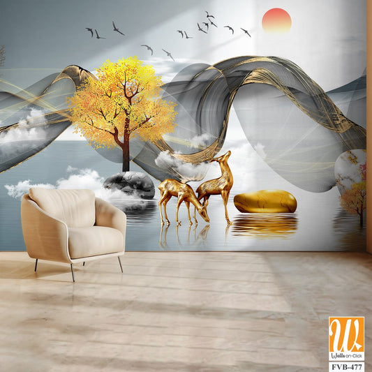 3D golden deer and trees Wallpaper [WP-FVB-477]