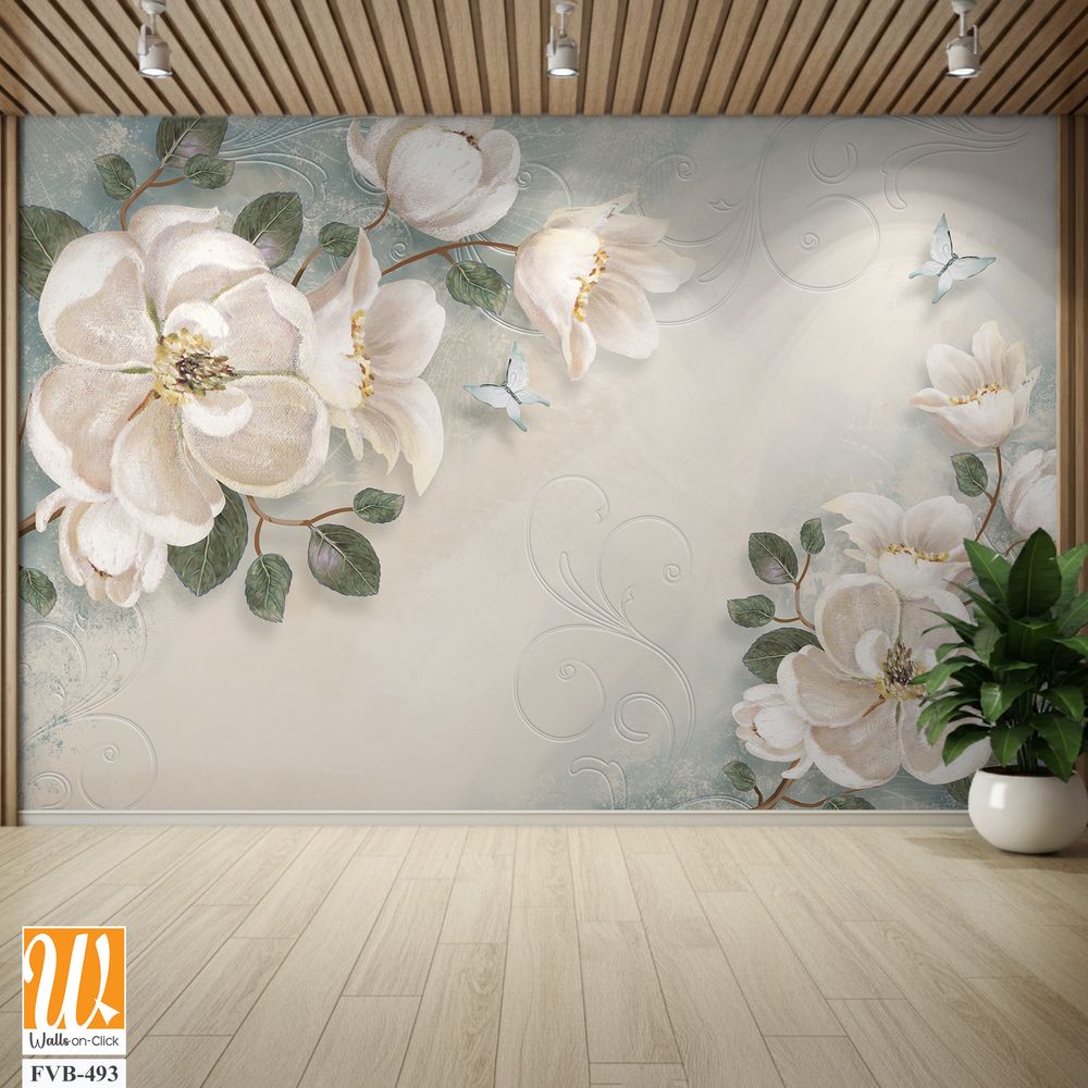 3D floral wallpaper with magnolia flowers and butterflies [WP-FVB-493]