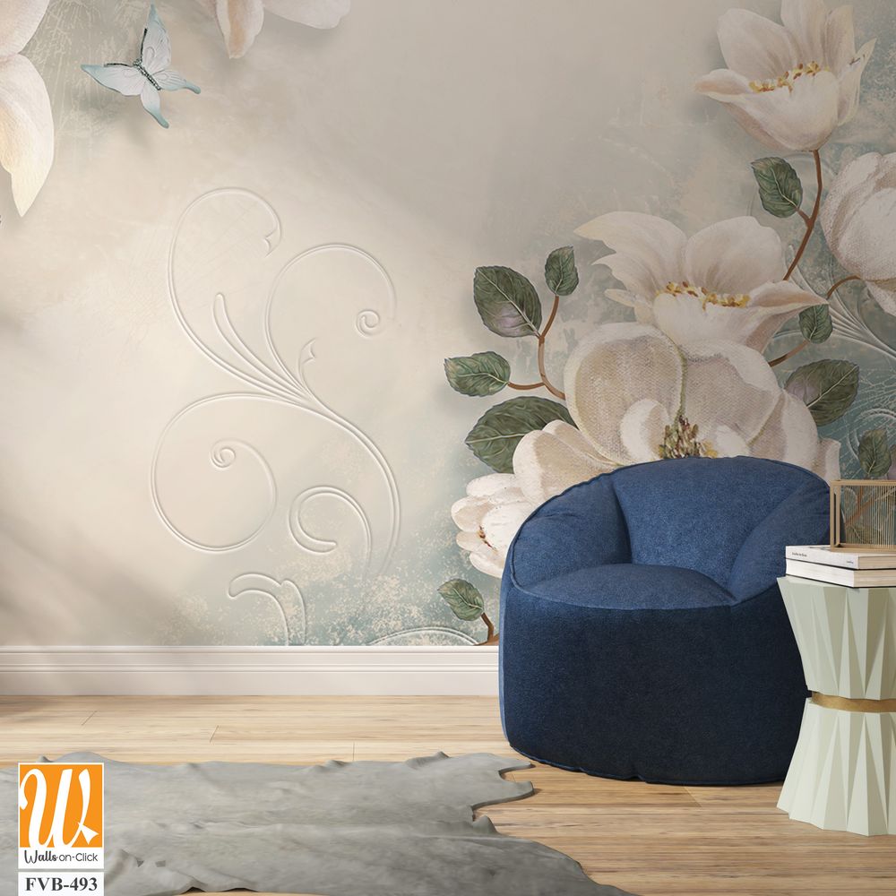 3D floral wallpaper with magnolia flowers and butterflies [WP-FVB-493]