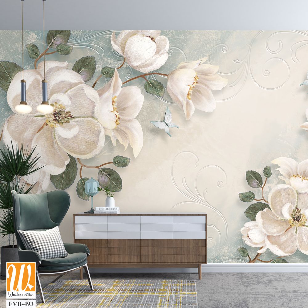 3D floral wallpaper with magnolia flowers and butterflies [WP-FVB-493]