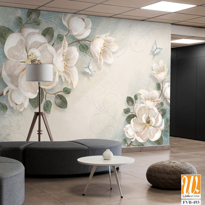 3D floral wallpaper with magnolia flowers and butterflies [WP-FVB-493]