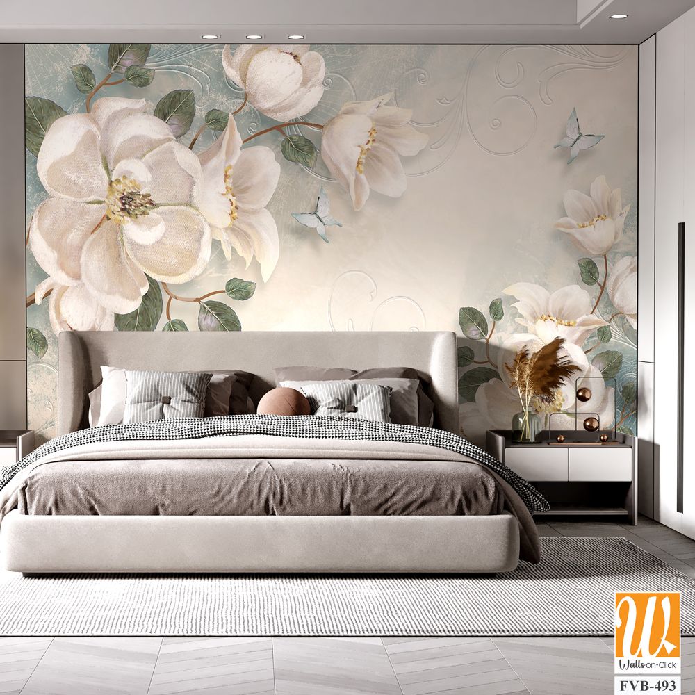 3D floral wallpaper with magnolia flowers and butterflies [WP-FVB-493]