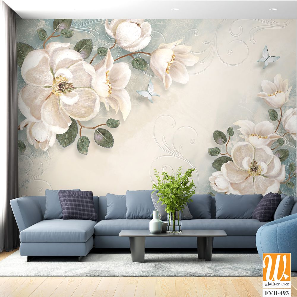 3D floral wallpaper with magnolia flowers and butterflies [WP-FVB-493]