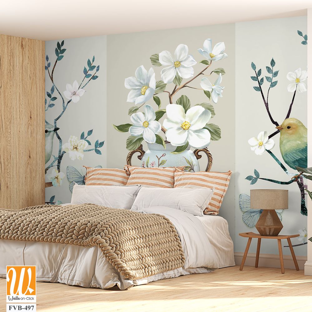 3-panel wall art of birds, vase and butterfly Wallpaper [WP-FVB-497]