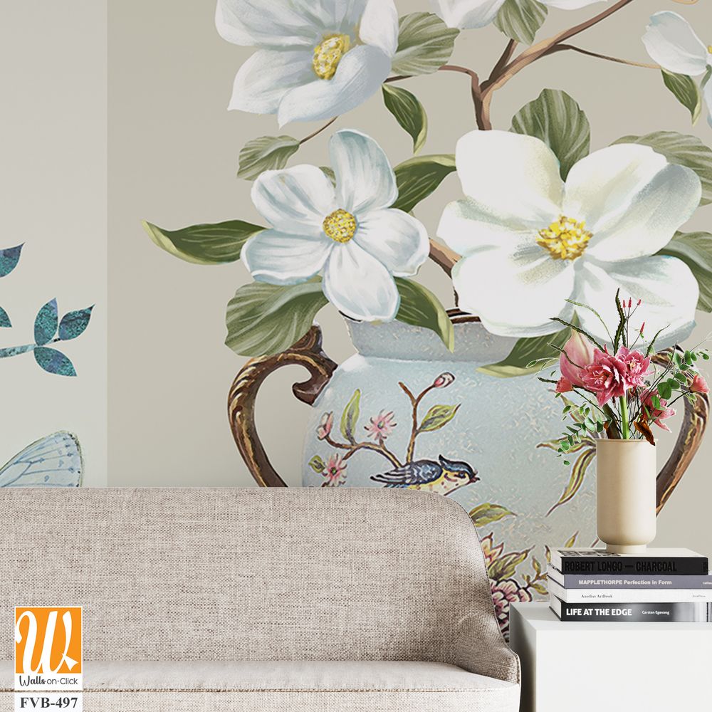 3-panel wall art of birds, vase and butterfly Wallpaper [WP-FVB-497]