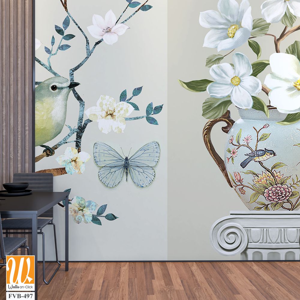 3-panel wall art of birds, vase and butterfly Wallpaper [WP-FVB-497]