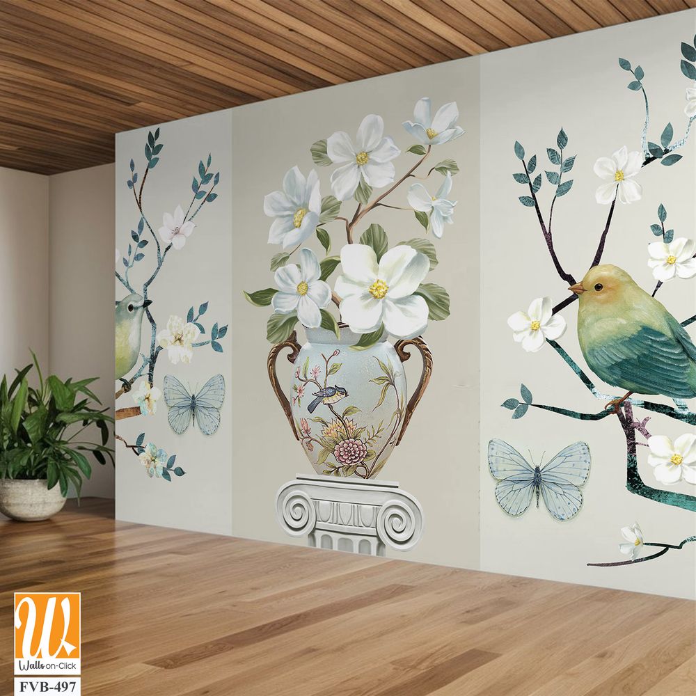 3-panel wall art of birds, vase and butterfly Wallpaper [WP-FVB-497]