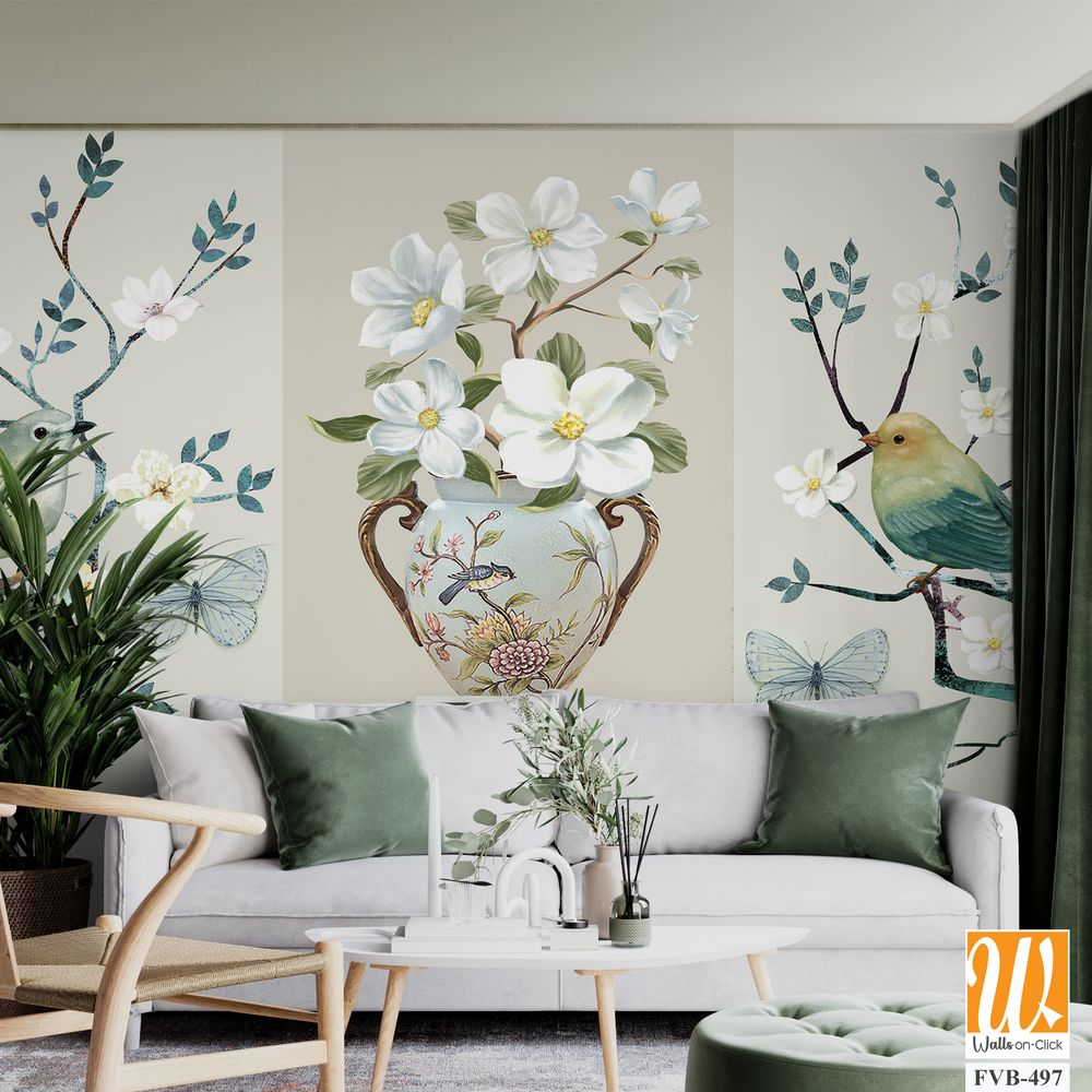 3-panel wall art of birds, vase and butterfly Wallpaper [WP-FVB-497]