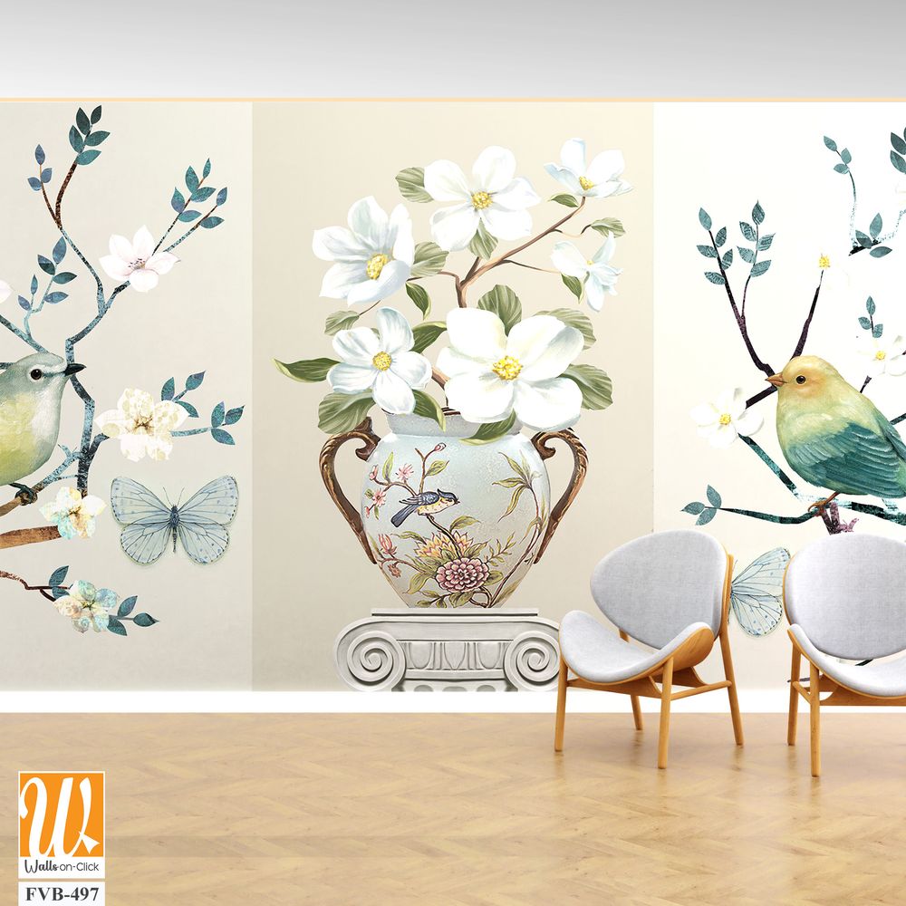 3-panel wall art of birds, vase and butterfly Wallpaper [WP-FVB-497]